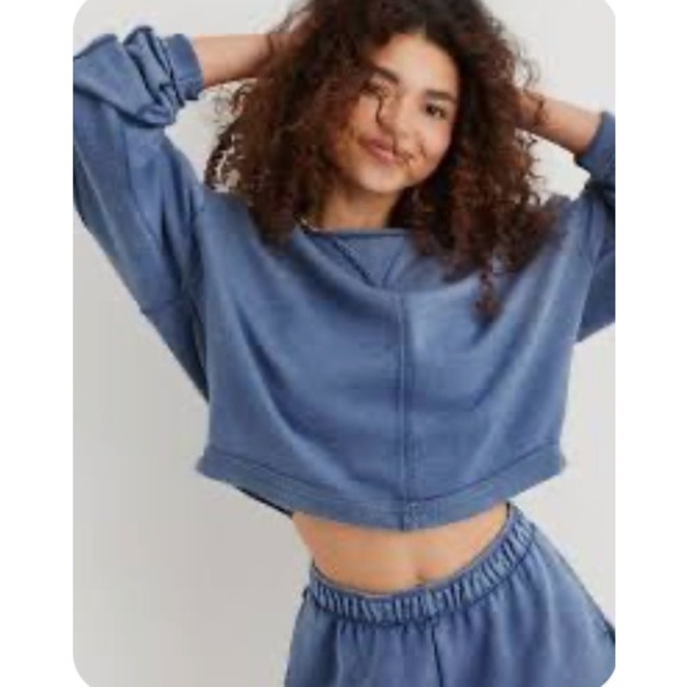 Aerie Women Blue French Terry Lounge Set Cropped Sweatshirt and Shorts XS/S